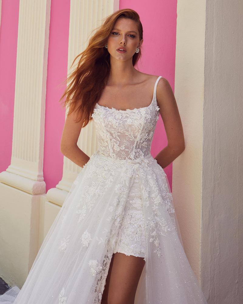 La23109 short wedding dress with detachable skirt and sparkly lace4